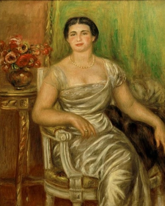Pierre-Auguste Renoir, Portrait de la poétesse Alice Vallières-Merzbach (Abendgarderobe,Damenmode,Dichterin,Frau,Literatur,Maler (Künstler),Mensch,Mode,Rose,Schmuck,Impressionismus,Dekollete,Portrait,Halskette,Abendkleid,Blumenstrauss,Französische Kunst,Eleganz,Sessel,Sitzen,Mittelscheitel,Faltenwurf,Satin)