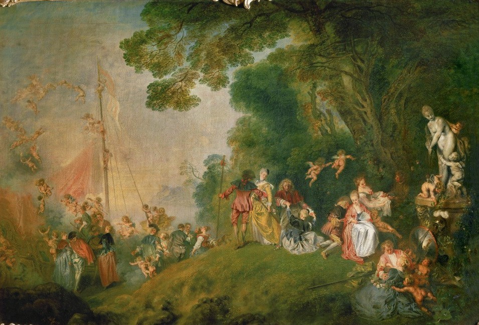Jean-Antoine Watteau, Die Einschiffung nach Kythera (Engel,Gesellschaft,Griechische Kunst,Sage,Landschaft,Liebe,Liebespaar,Schiff,Rokoko,Allegorie,Legende,Trompe L'oeil,Einschiffung,Fabel,Französische Kunst,Versammlung)