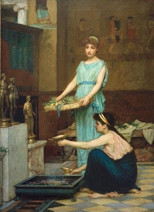 John William Waterhouse, The Household Gods (Frau,Geschichte,Kunst,Religion,Altar,Präraffaeliten,  Frauenleben, Götter,  Lararium, Räucheropfer, Opfer (Religion), Klassiker, Wunschgröße)