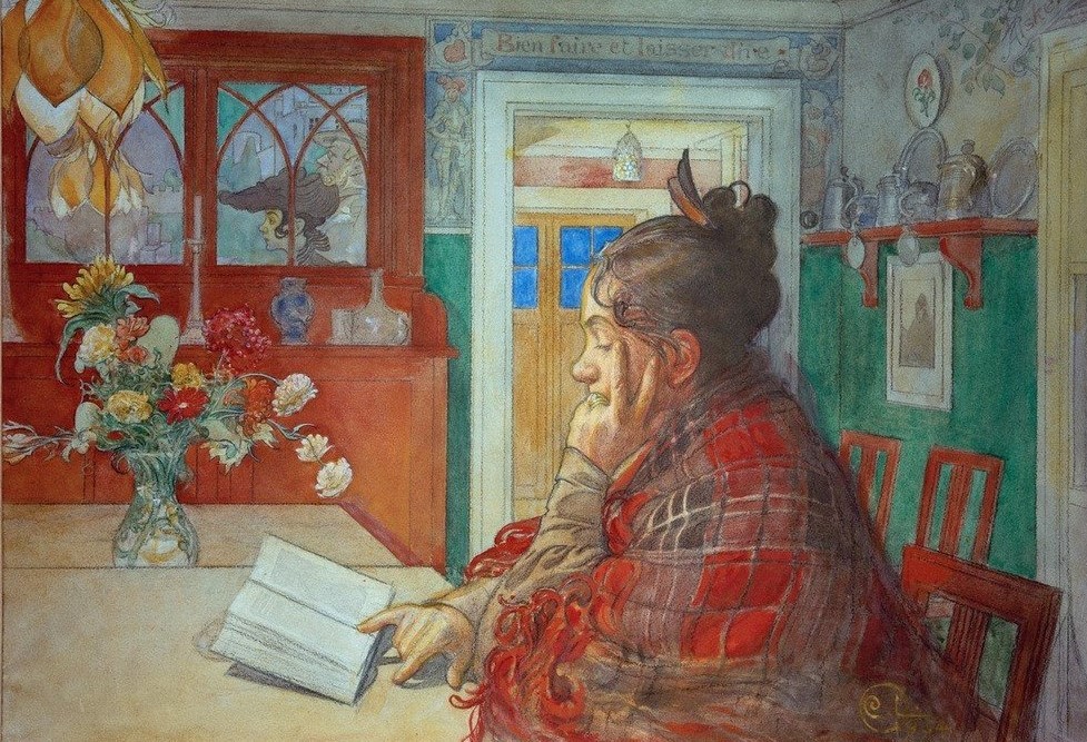Carl Larsson, Karin liest (Buch,Jugendstil,Leser,Literatur,Freizeit,Wohnhaus (Allgemein),Wohnung,Tisch,Bild Im Bild,Portrait,Speisezimmer,Künstlerfrau,Blumenstrauss,Interieur,Vase,Künstlerhaus (Wohnhaus),Schwedische Kunst,Frauenleben,Profil,Jahrhundertwende,Kopf Stützen,Konzentrati)