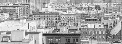 MaciejBledowski, Black and white panorama of Harlem, New York, USA (harlem, new york city, dach, new york city, schornstein, wohn, stadt, apartment, gebäude, gefiltert, zuhause, schwarzweiß, retro, straße, blöcke, bauform, foto, town, nachbarschaft, urbano, tage, getto, poor, architektur, haus, america)