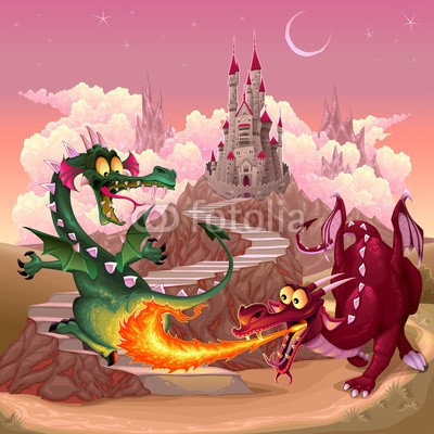 ddraw, Funny dragons in a fantasy landscape with castle (drache, monster, tier, spassig, freudig, hübsch, feuer, flamme, charakter, ländlich, cartoons, schloss, wolken, farbe, komisch, staat, landschaft, morgengrauen, fabel, fantasy, blume, horizont, landen, landschaft, wiese, mittelalterliches, natur, objek)