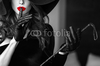 sakkmesterke, Sexy woman in hat showing no talk selective coloring (erwachsen, attraktiv, bdsm, schöner, schönheit, brünett, hübsch, sehnsucht, dominante, domina, eleganze, elegant, erotisch, erotisch, gestalten, weiblich, mädchen, glamour, handschuhe, weiß, chapeau, hot, innen, frau, lippen, lover, makeu)