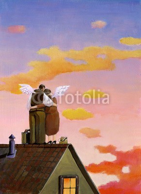 nuvolanevicata, we are all immigrants (paar, zärtlichkeit, verbinden, teilen, sonnenuntergänge, flügel, genossenschaft, liebe, heirat, ausreisen, dach, romantisch, abend, atmosphäre, süsskraft, abbildung, kunst, backgrounds, konzept, surreal, fantasy, charakter, cartoons, sarkasmu)