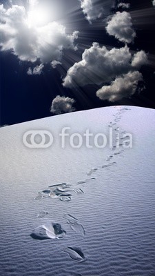 rolffimages, Trail of footprints in desert sands (drama, dramatisch, sturm, wolken, regen, fussspuren, trampelpfad, gleis, füße, beeindruckend, fussspuren, pfad, reise, wanderung, wandernd, spaziergang, natur, wüste, sand, landschaft, trocken, hot, düne, himmel, trockenheit, wildnis, hügel, muster)