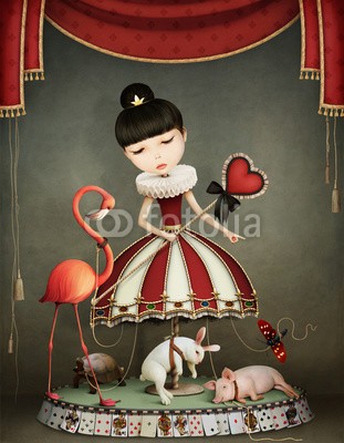 annamei, Conceptual illustration of girl  fairy queen with  carousel and animals. (kunst, konzept, abbildung, zeichnung, computergrafik, entwerfen, fantasy, märchen, könig, karussell, zimmer, inspiration, irreal, surreal, alice, mädchen, frau, weiblich, herz, rot, gardine, stage, bizarre, seltsam, tier, haustier, hase, schwei)