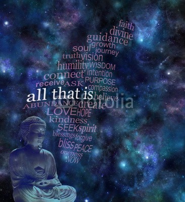 Nikki Zalewski, ALL THAT IS deep space background - dark blue night sky with lotus position Buddha statue in left bottom corner and an ALL THAT IS word cloud floating up to right corner with copy space (konzept, achtsamkeit, nachthimmel, outer space, buddhas, zen, meditieren, buddhismus, einträchtig, hintergrund, stern, bewusstsein, meditation, göttlich, träumend, erleuchtung, guru, spiritual, anschliessen, spiritualität, zeitlos, yoga, buddhis)