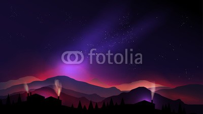 inbevel, Starry Night Village in the Mountains and Pine Forest - Vector I (abstrakt, astrologie, astronomie, polarlicht, hintergrund, schönheit, schornstein, wolken, bungalow, landschaft, dunkel, traum, erforschungen, fantasy, feld, vollmond, galaxies, glühen, zuhause, haus, abbildung, abbild, landschaft, milchstraße, mon)