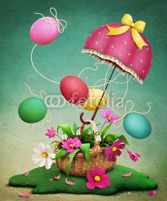 annamei, Holiday greeting card for Easter with eggs on the ropes, umbrella and basket of flowers (kunst, zeichnung, urlaub, abbildung, abbild, postkarte, posters, frühling, ostern, jahreszeit, marschieren, april, mai, ei, blume, körbe, regenschirm, wetter, natur, lawn, gras, himmel, seil, fantasy, konzept, jahrgang, pastell, dekoration, schmücke)