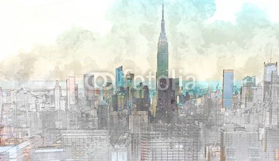 Tierney, Sketch of the Manhattan skyline cityscape (manhattan, skyline, sketch, zeichnung, architektur, skyscraper, tourismus, abbildung, himmel, business, orientierungspunkt, reisen, turm, modern, downtown, gebäude, angestrahlt, büro, abenddämmerung, szene, anblick, nacht, stadt, uns, urban)