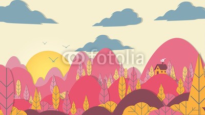 inbevel, Paper-cut Style Applique Forest with Small House - Vector Illustration. (hintergrund, cartoons, wolken, konzept, schnitt, deko, dekoration, entwerfen, welt, ökologie, elemente, umwelt, gestalten, flach, blume, wald, grafik, gras, grün, begrüssung, icon, abbildung, landschaft, licht, wiese, berg, natur, verziert, page, papie)