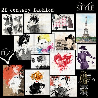 Yevhen, Fashion collage with freehand drawings (hintergrund, gestalten, grunge, sommer, glamour, lässig, weiblich, posing, jugendzeit, wand, trendy, stil, augengläser, brünett, textur, sexy, straße, modellieren, urbano, portrait, frau, lebensstil, sinnlich, stadt, geschlechtlich, stylish, bein)