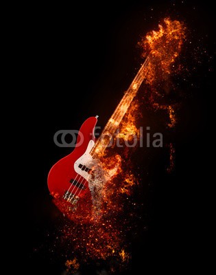 Dimitrius, Epic rock bass guitar on fire (gitarre, musik, electric, schnur, instrumente, fels, isoliert, weiß, musikalisch, holz, schwarz, ausstattung, klingen, genick, konzert, spiel, blues, metall, musiker, jahrgang, modern, stage, jazz, close-up, elektronisch, pyrotechnik, asche, band, bas)