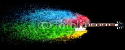 Dimitrius, Hard rock guitar disintegrating into colorful particles (gitarre, musik, electric, schnur, instrumente, fels, isoliert, weiß, musikalisch, holz, schwarz, zersetzung, klingen, genick, konzert, spiel, blues, metall, musiker, jahrgang, modern, stage, jazz, close-up, elektronisch, band, bass, tonabnehmer, lecke)