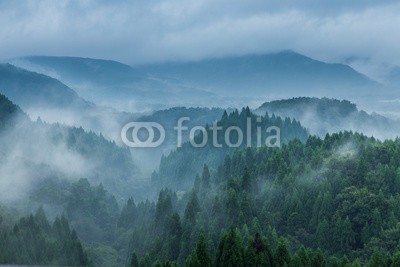 kanonsky, Beautiful mountain range covered with fog and rain in Yufuin, Oita, Japan (asien, hintergrund, schöner, blau, wolken, bewölkt, umwelt, nebel, wald, grün, hügel, japan, landschaft, nebel, berg, natur, outdoors, pike, pinien, regen, skala, szene, reisen, baum, urlaub, anblic)