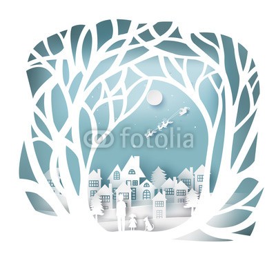 artdee2554, paper art landscape of Christmas and happy new year with tree and house design. vector illustration (3d, abstrakt, hintergrund, banner, blau, karte, cartoons, feier, weihnachten, konzept, deckung, kurve, schnitt, dezember, deko, dekoration, entwerfen, elemente, geschenk, begrüssung, freudig, urlaub, icon, abbildung, landschaft, layout, fröhlich, ne)