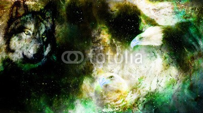 jozefklopacka, Eagle and wolf in cosmic space. Profile portratit. (adler, wölfe, tier, abstrakt, schwarz, farbe, malerei, hintergrund, kunst, wildlife, portrait, kopf, freiheit, zeichnung, körper, canvas, profile, bild, einheimisches, schöner, spirit, öl, mystisch, magisch, auge, abbildung, collage, süss, königlic)