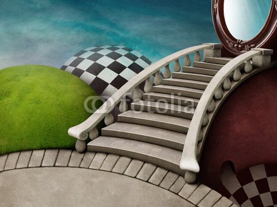 annamei, Fabulous background with staircase and mirror for poster or illustration adventure Wonderland (kunst, hintergrund, märchen, abbildung, magisch, abenteuer, treppe, schloss, wonderland, park, landschaft, umwelt, entwerfen, textur, himmel, spiegel, durchgang, ausfahrt, ideen, vorstellung, inspiration, fantasie, platz, anweisungen, locations, tü)