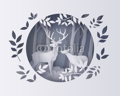 kengmerry, Deer in forest with snow. (tier, jahreszeitlich, schnee, verschneit, winterlich, rentier, hirsch, spaß, begrüssung, weihnachten, kreativ, abbildung, dekorativ, trendy, posters, spot, wald, winter, säugetier, weihnachten, horn, gehörnt, fröhlich, natürlich, schneeflocke, natu)