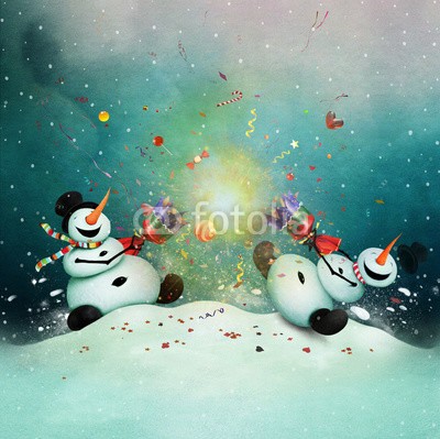 annamei, Winter holiday greeting card with two cheerful snowman with  Christmas cracker. (kunst, urlaub, feier, glück wünschen, event, winter, jahreszeit, schneemann, charakter, cartoons, abbildung, weihnachten, nacht, knaller, vorstellung, fantasy, spaß, karte, deckung, posters, buch, album, beeindruckend, veröffentlichen, umwelt, dezembe)