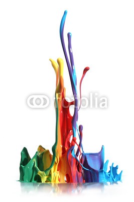 Leigh Prather, Colorful paint splashing isolated on white (malen, platsch, farbe, farbe, bunt, farbe, bunt, abstrakt, blau, fallen lassen, bewegung, spritzer, gestalten, tropfen, entladen, fließen, grün, tinte, flüssigkeit, regenbogen, rot, gischt, sprühend, gelb, farbe, strömend, acryl, kunst, kunstvoll, hel)