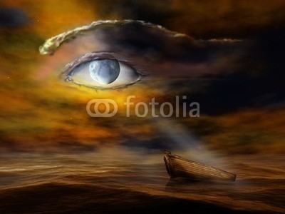 Paul Fleet, Watching the moon watching over me (surreal, mond, seelandschaft, nacht, auge, ozean, boot, vorstellung, blick, wolken, fischerboot, surrealist, magisch, dreamscape, traum, anstarren, moonbeam, stern, meer, abbildung, kunst, gedanken, allmacht, metaphysisch, symbolisch, schutz, sternenhimme)