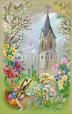 Nadiia Starovoitova, Easter card (kunst, backgrounds, osterfeiertage, kirche, nest, osterei, frühling, tier, himmel, luft, taube, gras, rahmen, rosa, grau, april, blume, flora, retro, nostalgie, dekorativ, gefühl, postkarte, entwerfen, zeichnung, grafik, abbildung, papier, sketch, was)