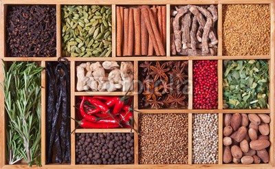 andriigorulko, spices and herbs in wooden box (essen, gewürz, kraut, würze, zutaten, würze, aroma, aromatisch, box, holz, hölzern, kultur, pfeffer, chilies, chiles, zimt, kardamom, vanille, koriander, anis, muskatnuß, gewürznelke, piment, calamus, bockshornklee, ingwer, rosmarin, zwiebel, trocke)