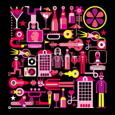 dan8, Music City Night (party, musik, vektor, musikalisch, dj, isoliert, grammophon, blume, gebäude, nacht, nightclub, cocktail, martini, club, trinken, bar, restaurant, tanzen, gitarre, computer, abstrakt, schwarz, spassig, artwork, musikfestival, stadtleben, entwerfen, fra)