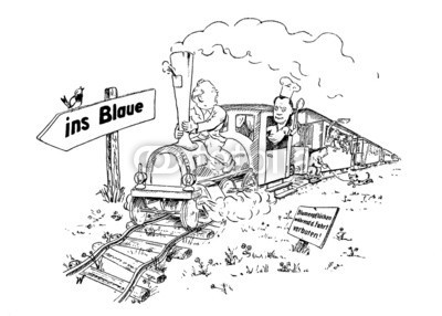 Frank Waßerführer, Fahrt ins Blaue (bewegung, eisenbahn, dampflok, lokomotive, dampflok, reise, ausfahrt, ausflug, gehen, schienen, linie, schwellen, anhänger, dampf, leute, leute, hund, landschaft, zeichnung, komisch, karikatur, malerei, zeichnung, cartoons, zeichen, wegweise)