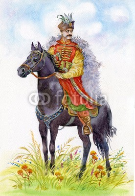 Nadiia Starovoitova, Ukrainian Cossack on a black horse (baum, schwanz, sonnenuntergänge, stil, zuchthengst, sport, schneeflocke, schneeverwehung, schnee, satteln, rußland, reitend, wettrennen, nacht, mähne, mann, männlich, licht, pferd, hufe, hufe, chapeau, grau, galopp, wald, abend, europäisch, europ)