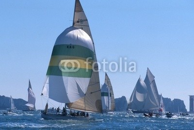 linous, America´s CUP Jubilee / Cowes (segelboot, regatta, spinnaker, gelb, grün, meer, wasser, blau, himmel, fels, backstei)
