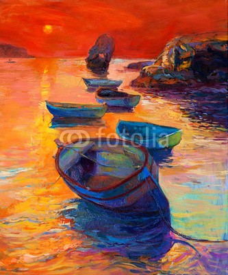 Boyan Dimitrov, Boats and cliffs (abstrakt, acryl, kunst, künstler, kunstvoll, artwork, kulisse, backgrounds, strand, blau, boot, hell, canvas, farbe, sätze, kreativität, zeichnung, grün, hafen, abbildung, abbild, impressionismus, landschaft, modern, natur, ozean, öl, malen, malere)