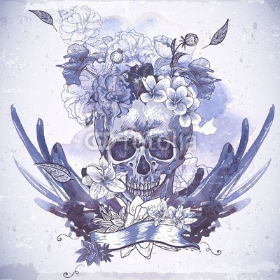 depiano, Abstract Background with Skull, Wings and Flowers (totenkopf, vektor, backgrounds, abbildung, entwerfen, mustern, blume, abstrakt, jahrgang, nahtlos, grunge, tapete, kunst, flügel, floral, rosafarben, dekoration, ornament, tattoo, halloween, crown, schwarz, verziert, fels, pirat, symbol, grafik, poster)