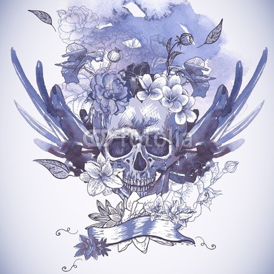depiano, Abstract Background with Skull, Wings and Flowers (totenkopf, vektor, backgrounds, abbildung, entwerfen, mustern, blume, abstrakt, jahrgang, nahtlos, grunge, tapete, kunst, flügel, floral, rosafarben, dekoration, ornament, tattoo, halloween, crown, schwarz, verziert, fels, pirat, symbol, grafik, poster)