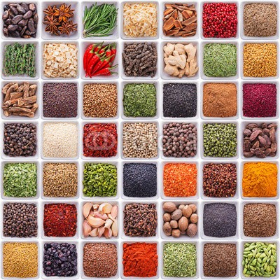 andriigorulko, large collection of different spices and herbs (set, sammlung, sortiment, different, gewürz, hintergrund, kraut, isoliert, viereck, würze, zimt, petersilie, piment, gewürznelke, kardamom, koriander, pfeffer, pfefferkörner, kümmel, fenchel, rosmarin, senf, berberitze, dill, chilies, ingwer, ani)