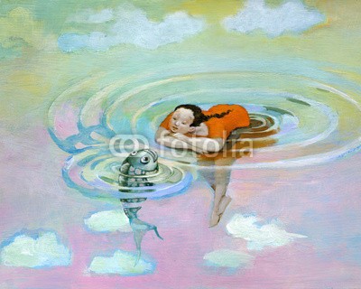 nuvolanevicata, a girl and you look at a fish floating on the water (mädchen, fisch, wasser, teich, besinnung, schwimmend, leichtigkeit, kreis, welle, brise, see, mysterium, phantastisch, oberfläche, blick, rot, sonnenuntergänge, klar, morgens, einträchtig, freudig, pubertät, wachsen, selbstbeobachtung, seele, kreu)