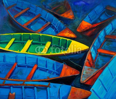 Boyan Dimitrov, Boats at sunset (abstrakt, acryl, kunst, künstler, kunstvoll, artwork, kulisse, backgrounds, strand, blau, boot, hell, canvas, farbe, sätze, kreativität, zeichnung, grün, hafen, abbildung, abbild, impressionismus, landschaft, modern, natur, ozean, öl, malen, malere)