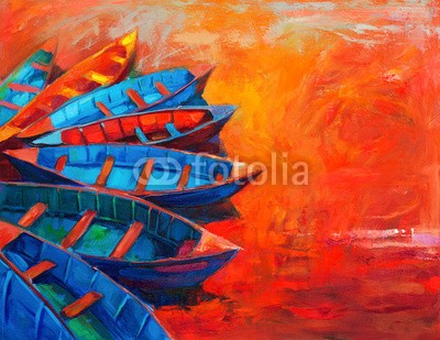 Boyan Dimitrov, Boats at sunset (abstrakt, acryl, kunst, künstler, kunstvoll, artwork, kulisse, backgrounds, strand, blau, boot, hell, canvas, farbe, sätze, kreativität, zeichnung, grün, hafen, abbildung, abbild, impressionismus, landschaft, modern, natur, ozean, öl, malen, malere)
