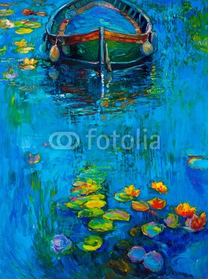 Boyan Dimitrov, Boat (abstrakt, acryl, kunst, künstler, kunstvoll, artwork, kulisse, backgrounds, strand, blau, boot, hell, canvas, farbe, sätze, kreativität, zeichnung, grün, hafen, abbildung, abbild, impressionismus, landschaft, modern, natur, ozean, öl, malen, malere)