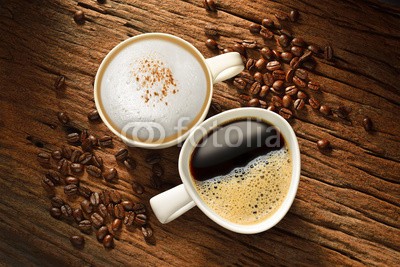 amenic181, Two cups of coffee and coffee beans on old wooden table (kaffee, café, tassen, bohne, bohne, samen, korn, cappuccino, cappuccino, espresso, kaffee, milchkaffee, mocha, rösten, ernte, grillparty, rostend, getränke, landzunge, koffein, morgens, mug, arabisch, aroma, oberteil, anblick, backgrounds, schwar)
