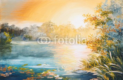 max5799, painting - sunset on the lake (malerei, landschaft, öl, abstrakt, sonnenuntergänge, kunst, artwork, see, himmel, wasser, abbildung, zeichnung, natur, rivers, blau, wasserfarben, gelb, canvas, sonne, schöner, bunt, herbst, backgrounds, baum, wolken, jahreszeit, bild, gras, kunstvol)