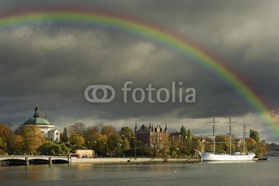 Blickfang, Stockholm Panorama Regenbogen (hauptstadt, schweden, panorama, europa, bücher, historisch, architektur, touristisch, museum, schiff, boot, beleuchtet, nacht, wasser, hafen, rot, stockholm, regenbogen, gewitter, rege)