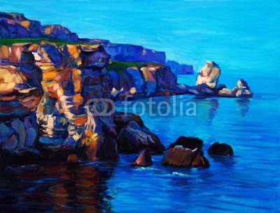 Boyan Dimitrov, Ocean and cliffs (ozean, meer, kunst, landschaft, canvas, öl, natur, strand, abbildung, wasser, backgrounds, artwork, küste, malerei, himmel, künstler, romantisch, seelandschaft, blau, zeichnung, szenerie, schöner, sonnenuntergänge, bild, farbe, sommer, kunstvol)