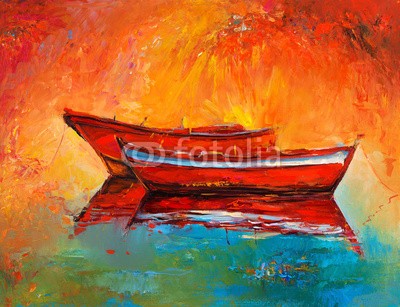 Boyan Dimitrov, Red boats (abstrakt, acryl, kunst, künstler, kunstvoll, artwork, kulisse, backgrounds, strand, blau, boot, hell, canvas, farbe, sätze, kreativität, zeichnung, grün, hafen, abbildung, abbild, impressionismus, landschaft, modern, natur, ozean, öl, malen, malere)