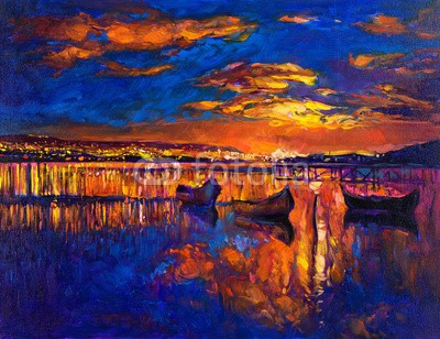 Boyan Dimitrov, Boats and the city (abstrakt, acryl, kunst, künstler, kunstvoll, artwork, kulisse, backgrounds, strand, blau, boot, hell, canvas, farbe, sätze, kreativität, zeichnung, grün, hafen, abbildung, abbild, impressionismus, landschaft, modern, natur, ozean, öl, malen, malere)