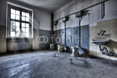 Tilo Grellmann, Toiletten (badehaus, badezimmer, waschraum, wc, raum, becken, zapfen, lebensraum, haus, tür, geschlossen, bejahrt, ruine, verfallen, vergessen, lichtstrahlen, gebäude, haus, arm, armut, fenster, dreck, dreck, kalt, dunkel, nass, renovieren, erweiterung, umba)