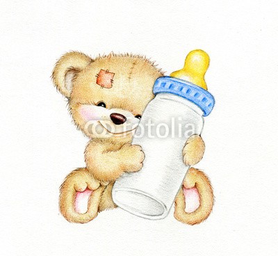 ciumac, Teddy bear with bottle of milk (spassig, bär, süss, kunstvoll, schöner, karte, cartoons, kind, farbe, kunst, hübsch, zeichnung, gezeichnet, spaß, geschenk, begrüssung, hand, teddy, abbildung, liebe, bemalt, stift, postkarte, geburtstag, kinder spielzeug, baby, flasche, formel)