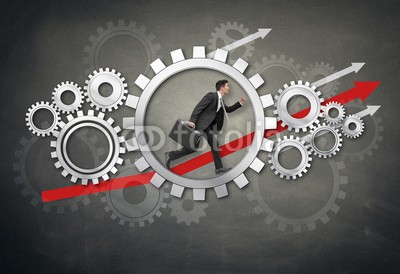 Coloures-pic, Mann im Zahnrad  mit Pfeilen nach oben (mann, rad, dienstleistungen, erfolg, gefangener, zahnrad, richtungen, business, karriere, diagramm, zeichnen, gewinn, arbeit, job, alltag, leben, aufgaben, geschichte, energie, hinaufgehen, siegespreis, herausforderung, energie, laufen, kreis, men at wor)