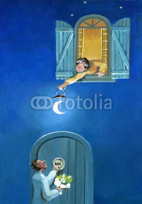 nuvolanevicata, court (konzept, surreal, mond, liebe, fantasy, charakter, boyfriends, nacht, wissbegierig, tür, fenster, romantisch, laterne, paar, fensterläden, himmel, symbol, malerei, bild, archetyp, fra)